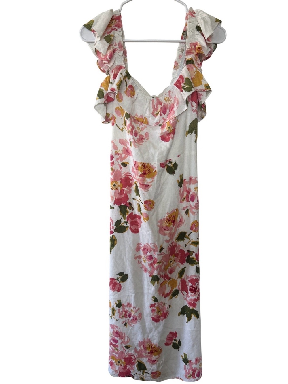 Floral Ruffle-Shoulder White Midi Dress with Pink Rose Print